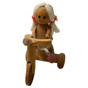 Vintage Wood Folk Art Tricycle Girl with Pigtails – Christmas Holiday Figurine